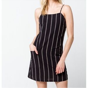 Billabong Straight Round Mini Dress Black White Stripe Flax Square Neckline-S